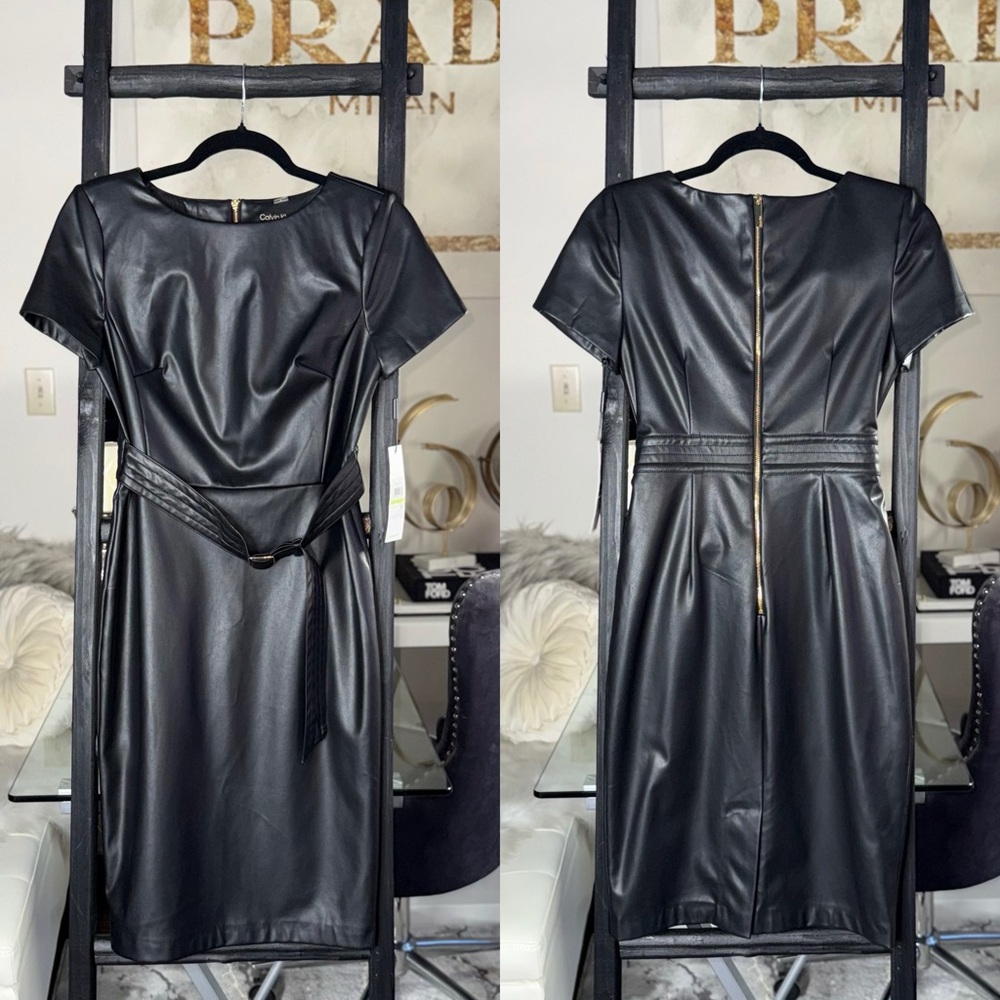 Calvin Klein Black Faux Leather Midi Dress With Belt Womens Size 4 New NWT Work